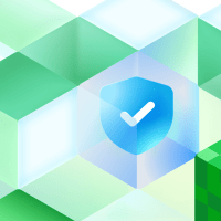 A grid of abstract cubes highlights a central cube displaying a shield with a checkmark to represent security.