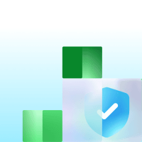 A shield with a checkmark icon appears centered among decorative green blocks.